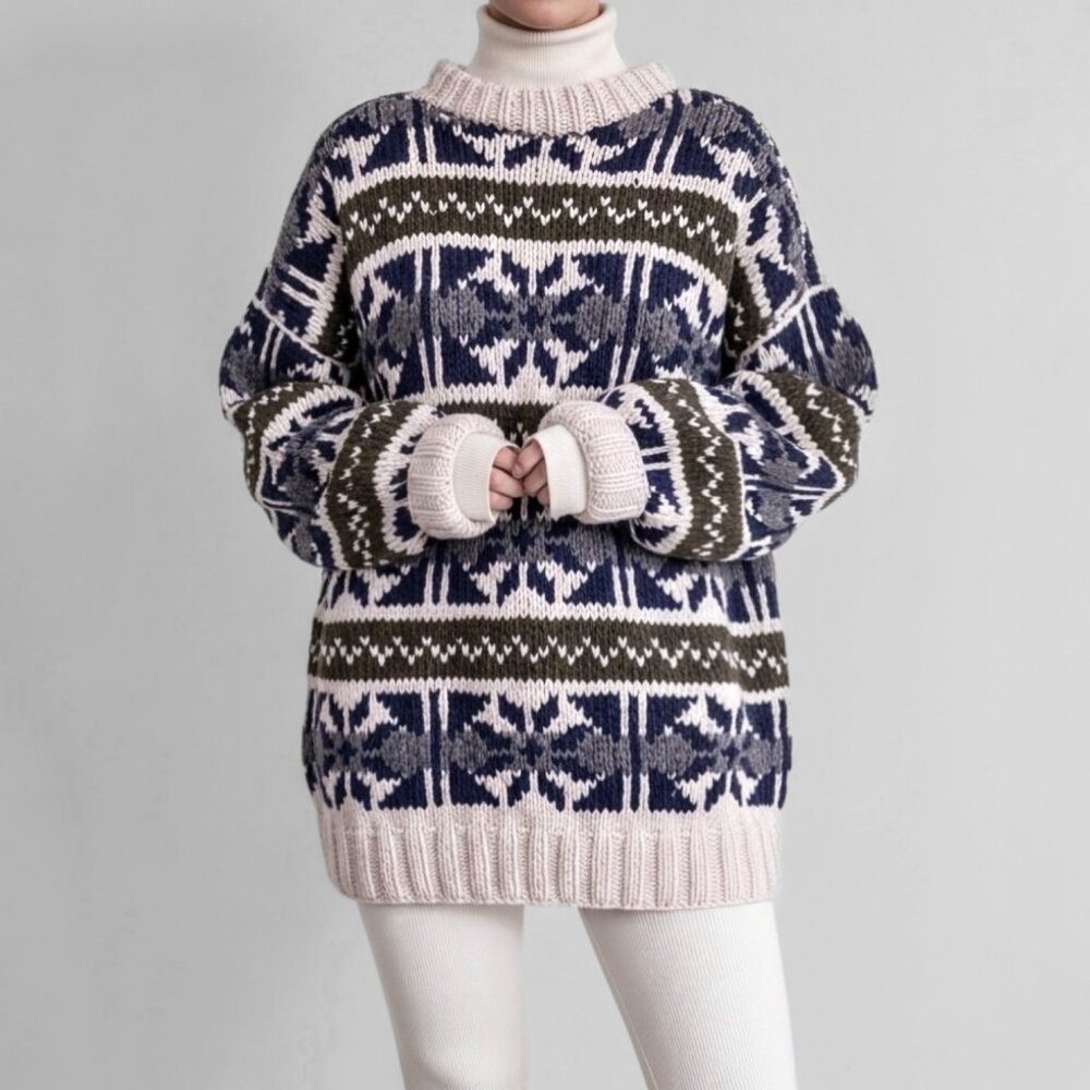 Vintage 100% Wool Scandi Nordic Sweater Cabincore Apres Ski Blue Cream Fair Isle